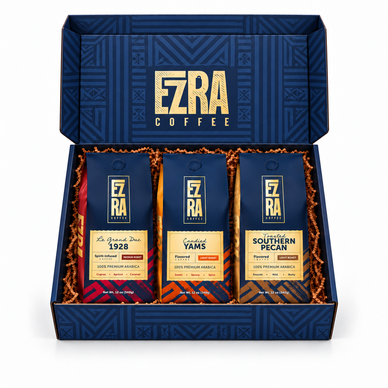 Open Ezra gift box with Le Grand Duc 1928, Candied Yams and Toasted Southern Pecan