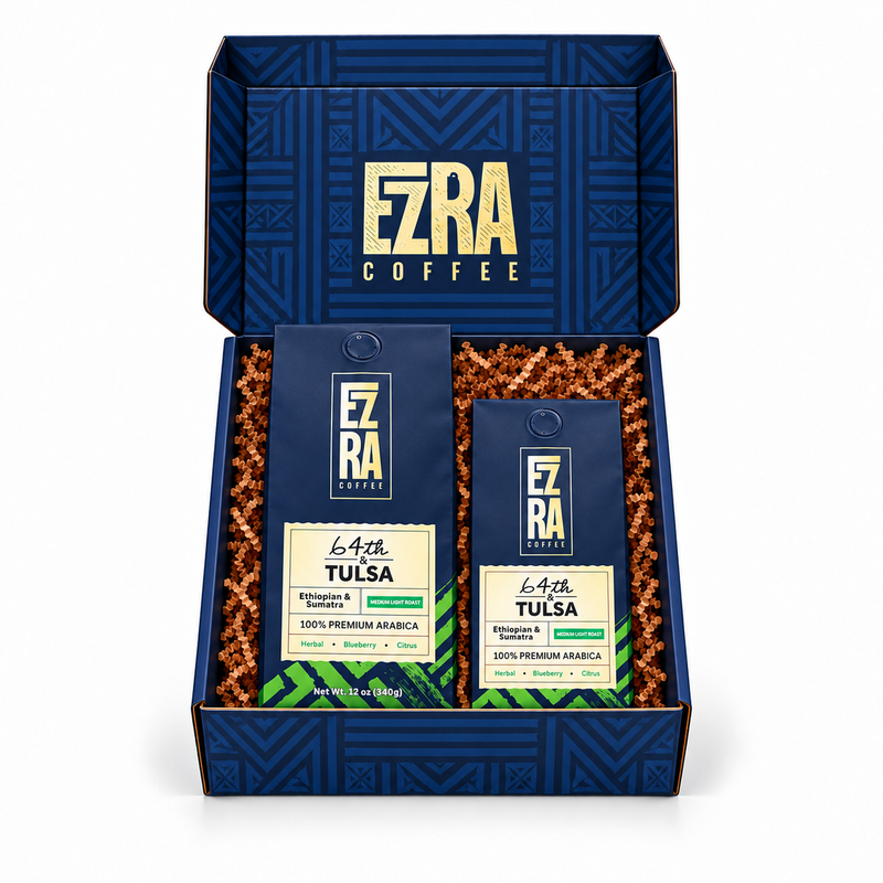 Open Ezra gift box with a large and a small bag of 64th & Tulsa